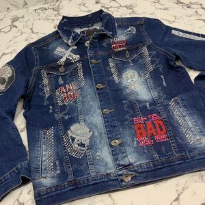Men's Fashion Silver & Red Rhinestones Performance Blue Denim Jacket